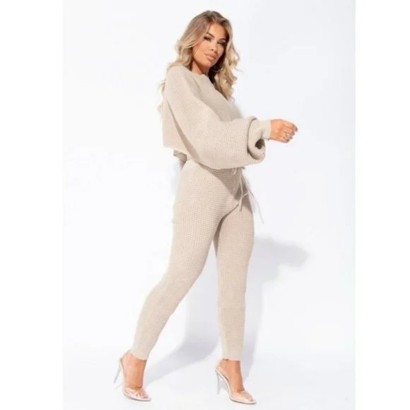 Beige Knitted Long Sleeve Sweater Crop Top and High Waist Pants Two Piece Set - Picture 3 of 16